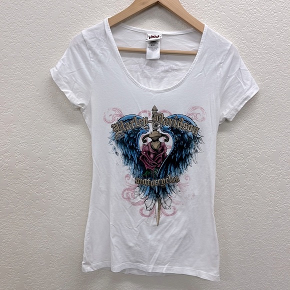Harley-Davidson Tops - Harley-Davidson Open Back TShirt L Sword Rose
